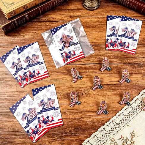 30 Sets 250 Anniversary Pins Independence Day Party Favor Gifts American Flag Patriotic Lapel Brooch Pin 4th of July Red White and Blue Cards White Bag for Women Veterans Memorial Day Accessories in Saudi Arabia