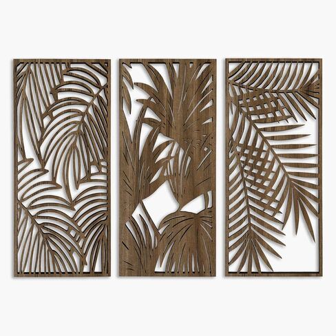 Tropical Leaves Wood Wall Art for Living Room, Botanical Wall Art Wood Panel, Floral Wall Art Decor Over the Bed Set of 3, Gift for the Home Decor in Saudi Arabia