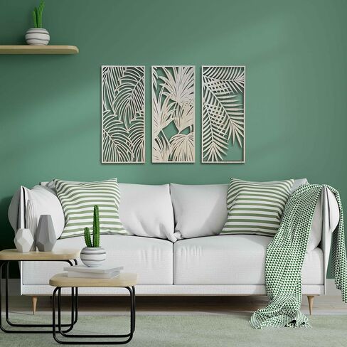 Tropical Leaves Wood Wall Art for Living Room, Botanical Wall Art Wood Panel, Floral Wall Art Decor Over the Bed Set of 3, Gift for the Home Decor in Saudi Arabia