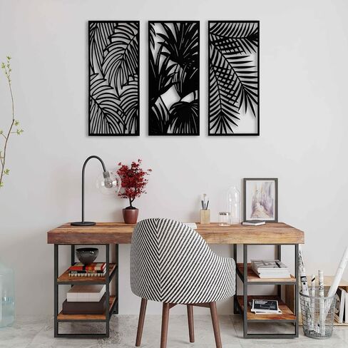Tropical Leaves Wood Wall Art for Living Room, Botanical Wall Art Wood Panel, Floral Wall Art Decor Over the Bed Set of 3, Gift for the Home Decor in Saudi Arabia