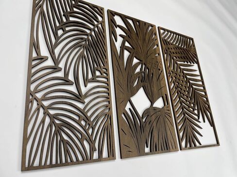 Tropical Leaves Wood Wall Art for Living Room, Botanical Wall Art Wood Panel, Floral Wall Art Decor Over the Bed Set of 3, Gift for the Home Decor in Saudi Arabia
