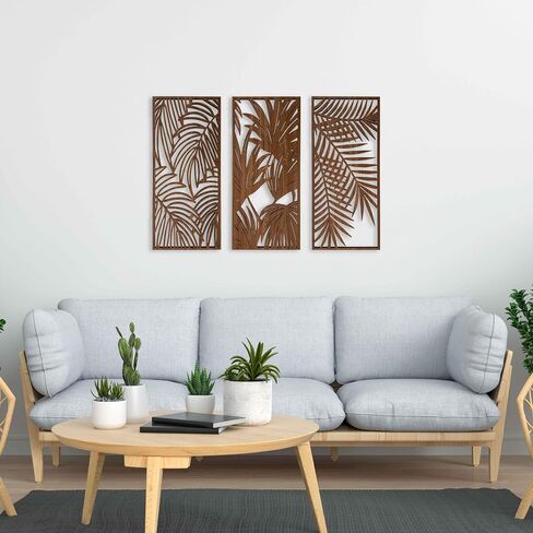 Tropical Leaves Wood Wall Art for Living Room, Botanical Wall Art Wood Panel, Floral Wall Art Decor Over the Bed Set of 3, Gift for the Home Decor in Saudi Arabia