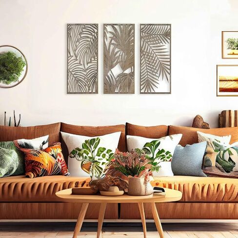 Tropical Leaves Wood Wall Art for Living Room, Botanical Wall Art Wood Panel, Floral Wall Art Decor Over the Bed Set of 3, Gift for the Home Decor in Saudi Arabia