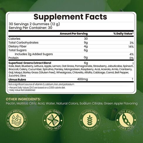 Greens Gummies | Superfood Greens Supplement with 20+ Vegetables & Fruits | Supports Immune Health, Energy & Daily Wellness | Natural Green Apple Flavor | Non-GMO, Gluten-Free, Soy Free in Saudi Arabia