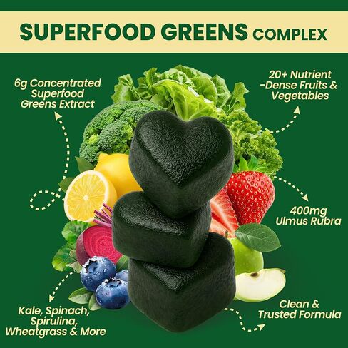 Greens Gummies | Superfood Greens Supplement with 20+ Vegetables & Fruits | Supports Immune Health, Energy & Daily Wellness | Natural Green Apple Flavor | Non-GMO, Gluten-Free, Soy Free in Saudi Arabia