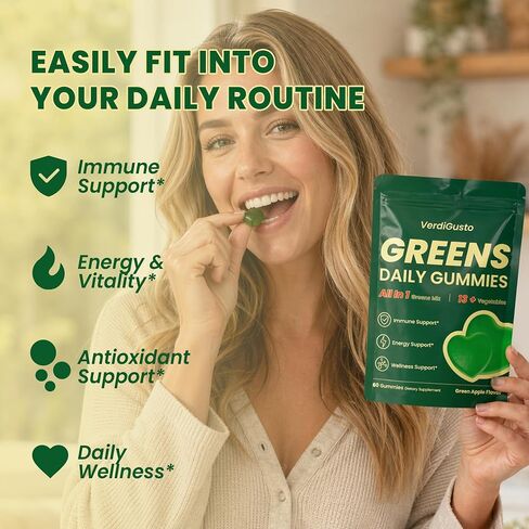 Greens Gummies | Superfood Greens Supplement with 20+ Vegetables & Fruits | Supports Immune Health, Energy & Daily Wellness | Natural Green Apple Flavor | Non-GMO, Gluten-Free, Soy Free in Saudi Arabia