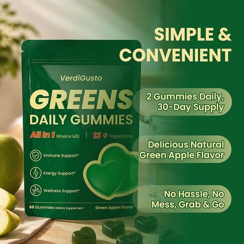 Greens Gummies | Superfood Greens Supplement with 20+ Vegetables & Fruits | Supports Immune Health, Energy & Daily Wellness | Natural Green Apple Flavor | Non-GMO, Gluten-Free, Soy Free in Saudi Arabia