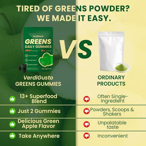 Greens Gummies | Superfood Greens Supplement with 20+ Vegetables & Fruits | Supports Immune Health, Energy & Daily Wellness | Natural Green Apple Flavor | Non-GMO, Gluten-Free, Soy Free in Saudi Arabia