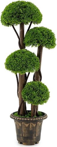 Goplus 3 FT Artificial Cypress Topiary Ball Tree, Faux Greenery Plant with Cement-Filled Planter, Vines, Real Wood Trunks, Indoor Outdoor Fake Shrub Plant for Office Home Front Porch Decor (2 Pack) in Kuwait