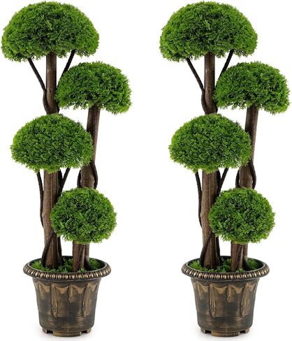 Goplus 3 FT Artificial Cypress Topiary Ball Tree, Faux Greenery Plant with Cement-Filled Planter, Vines, Real Wood Trunks, Indoor Outdoor Fake Shrub Plant for Office Home Front Porch Decor (2 Pack) in Kuwait
