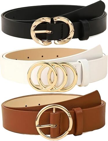 Women's Faux Leather Belt Set (Black/White/Brown) - Gold Circle Buckle for Dress & Jeans in Kuwait