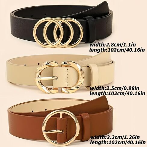 Women's Faux Leather Belt Set (Black/White/Brown) - Gold Circle Buckle for Dress & Jeans in Kuwait