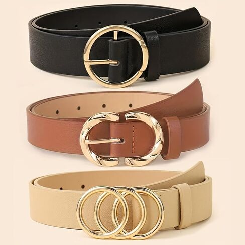 Women's Faux Leather Belt Set (Black/White/Brown) - Gold Circle Buckle for Dress & Jeans in Kuwait