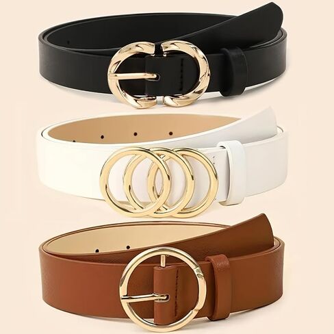 Women's Faux Leather Belt Set (Black/White/Brown) - Gold Circle Buckle for Dress & Jeans in Kuwait