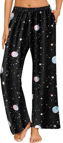 Ekouaer Women's Pajama Pants with Pockets Comfy Casual Wide Leg Yoga Pants Soft Stretch Pajama Bottoms Black Small in Kuwait