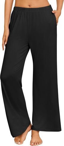 Ekouaer Women's Pajama Pants with Pockets Comfy Casual Wide Leg Yoga Pants Soft Stretch Pajama Bottoms Black Small in Kuwait
