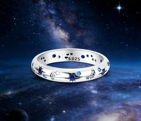 HONGRUI 925 Sterling Silver Sun Moon and Star Ring Eternity Size 5-10 Stackable Statement Sapphire Rings for Women Mother Day Christmas Jewelry Gifts in Saudi Arabia
