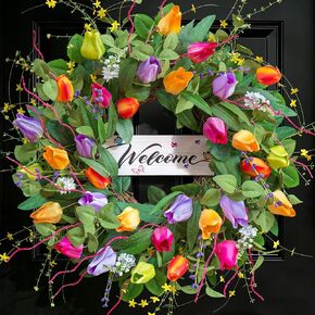 Summer Spring Wreaths for Front Door 26 Inch, Tulip Spring Summer Wreath with Welcome Sign, Artificial Floral Spring Door Wreath for Outdoor Front Door, Farmhouse Seasonal Summer Wreath in Saudi Arabia