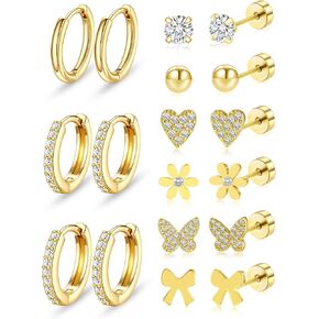 Flat Back Earrings Hypoallergenic 14K Gold Plated Earrings for Women 20G Gold Flat Back Stud Earring for Women Ctue Butterfly Bows Flower Earring Sets Lobe Tragus Helix Conch Cartilage Piercing Jewelry in Saudi Arabia