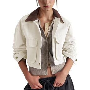 Barn Jackets for Women Contrast Collar Utility Coat Cargo Jacket Cropped Jacket with Pockets Outwear in Saudi Arabia