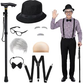 9 Pcs Old Man Costume Kit, Grandpa Cosplay Accessories Set Including Old Men Alloy Cane Hat Wig Faux Beard Eyebrows Bow Tie Suspenders Glasses for Halloween Party Outfit in Saudi Arabia