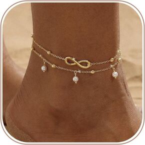 Gold/Silver Ankle Bracelets for Women Waterproof,14k Gold Plated Anklet Set Pearl Cuban Leaf Dainty Anklets Summer Beach Jewelry Gift in Saudi Arabia