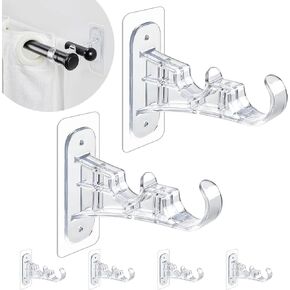 Double Curtain Rod Brackets No Drill, (4-Pack) Black Adhesive Curtain Rod Holders for Wall, Heavy Duty Dual Curtain Hooks Wall Mounted Supports 1 to 1.2'' Drapery Poles for Living Room Bedroom in Saudi Arabia
