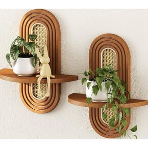 Floating Shelves for Wall, Boho Home Wall Decor,Rattan Plant Shelf Set of 2, Mid Century Small Decorative Shelf, Natural Wood Shelves for Living Room,Bedroom,House,Office (Walnut) in Saudi Arabia