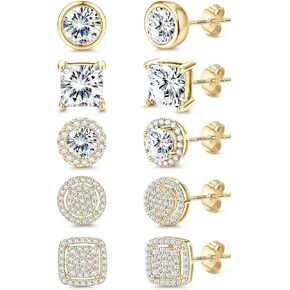 FIBO STEEL 14K Gold Plated Stud Earrings for Men Women Hypoallergenic | 925 Sterling Silver Cubic Zirconia Earrings Studs | Big Brilliant Simulated Diamond CZ Halo Studs Earring for Sensitive Ears in Kuwait