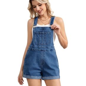 Denim Overall Shorts for Women Stretchy Adjustable Straps with Pockets Cuffed Hem Zipper Closure in Saudi Arabia