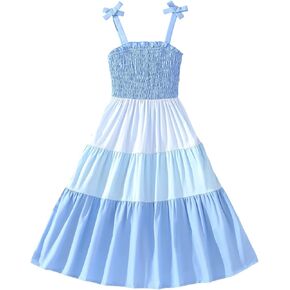 SOLY HUX Girl's Color Block Smocked Cami Dress Bow Spaghetti Strap A Line Ruffle Flowy Summer Midi Dresses Sundress in Kuwait