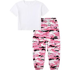 Betusline Girls 2 Piece Summer Outfits,Kids Casual Short Sleeve Crop Top & Cargo Jogger Pants Sets,4T-14Y in Kuwait