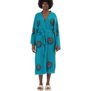 Women’s Cotton Muslin Kimono Robe – Boho Evil Eye Hand-Printed Bathrobe with Fringe in Saudi Arabia