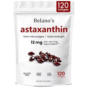 Belano's Astaxanthin 12mg, Astaxanthin Softgels, Premium Astaxanthin Antioxidant Supplement | Health & Energy Support, Non-GMO, Vegan- Friendly & Gluten-Free - 120 Softgels (1 Bag) in Saudi Arabia