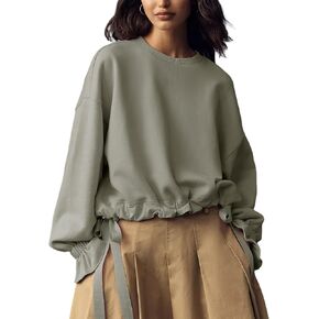 Women's Long Sleeve Crewneck Tops Oversized Casual Drawstring Hem Pullover Sweatshirts Fall Outfits in Saudi Arabia