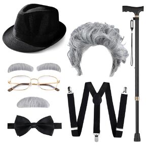 Old Man Costume Grandpa Accessories Old Men Hat Wig Outfit for Men with Eyebrows Beard Bow Tie Suspender Glasses and Cane in Saudi Arabia