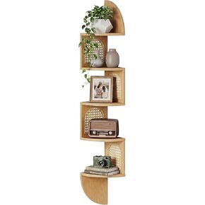 5-Tier Floating Corner Shelves for Wall, Zigzag Corner Shelf Unit, PVC Rattan Sides, Space-Saving, for Kitchen, Living Room, Bedroom, Boho Style, Oak Beige in Saudi Arabia