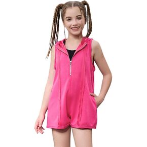 Perfashion Girls Summer Athletic Romper Shorts Hooded Jumpsuits Soft Sleeveless Overall With Pockets 4-13Y in Kuwait