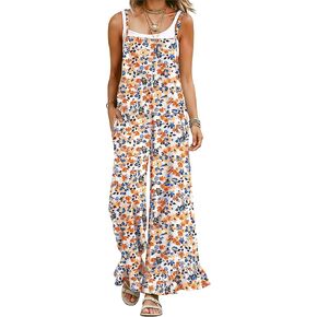 Womens Casual Overalls Loose Wide Leg Jumpsuits Ruffle Hem Floral Print Bohemian Wide Leg Baggy Rompers in Saudi Arabia