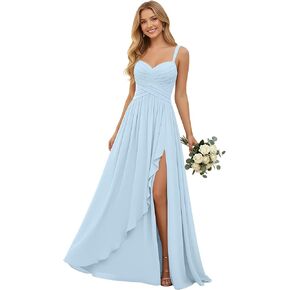 Pleated Chiffon V Neck Bridesmaid Dresses for Women Long Spaghetti Straps Wedding Guest Dress with Ruffled Slit in Kuwait