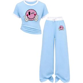 Girls 2-Piece Outfits Short Sleeve Smiling Print Top & Wide Leg Pants Summer Fashion Clothing Set Size 7-16 Years in Saudi Arabia
