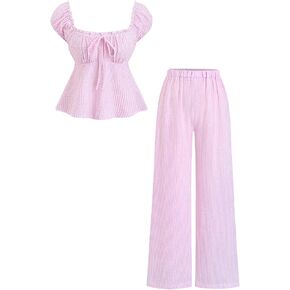 Cakaner Tween Girls Summer Outfit 2 Piece Set Short Sleeve Top & Wide Leg Pants Casual Striped Clothes Size 8-13 in Saudi Arabia