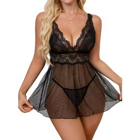 Garmol Women Lace Babydoll Lingerie Sets Polka Dots Deep V Neck Dobby Mesh Nightgown in Saudi Arabia