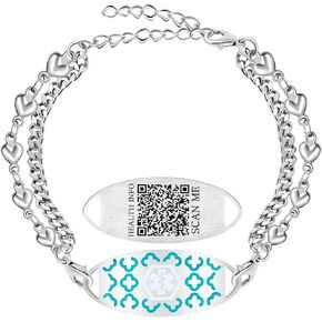 Uloveido Stainless Steel Medical Alert Bracelet for Women | Double Layer Heart Chain Medical ID Bracelet & Dual Lobster Clasp | Laser Engraved or Dynamic QR Code Emergency Contact ID Jewelry in Kuwait