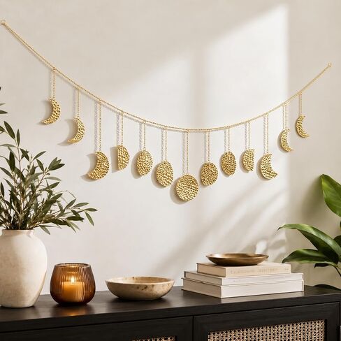 opulinea Moon Phase Garland Gold Hammer Metal - السماوية بوهو الجدار شنقا ديكور مراحل القمر زخرفة لغرفة النوم الجمالية فوق السرير غرفة المعيشة ديكور المنزل in Kuwait