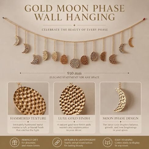 opulinea Moon Phase Garland Gold Hammer Metal - السماوية بوهو الجدار شنقا ديكور مراحل القمر زخرفة لغرفة النوم الجمالية فوق السرير غرفة المعيشة ديكور المنزل in Kuwait