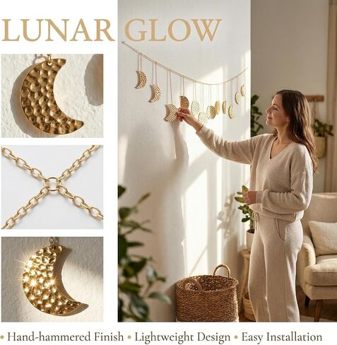 opulinea Moon Phase Garland Gold Hammer Metal - السماوية بوهو الجدار شنقا ديكور مراحل القمر زخرفة لغرفة النوم الجمالية فوق السرير غرفة المعيشة ديكور المنزل in Kuwait