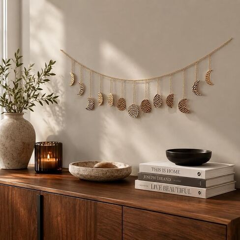 opulinea Moon Phase Garland Gold Hammer Metal - السماوية بوهو الجدار شنقا ديكور مراحل القمر زخرفة لغرفة النوم الجمالية فوق السرير غرفة المعيشة ديكور المنزل in Kuwait