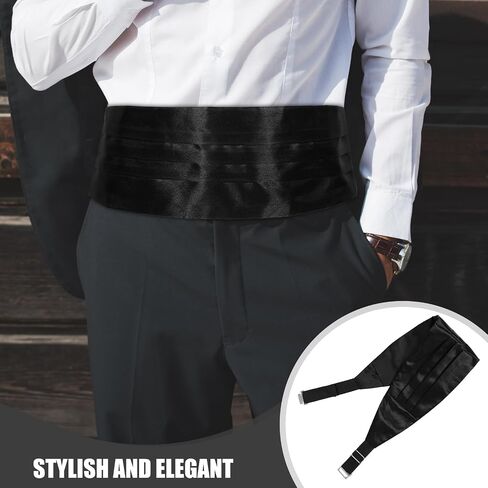 Black Satin Cummerbund for Men Adjustable Formal Tuxedo Waist Belt with Bow Tie and Pocket Square Set for Weddings and Parties in Kuwait