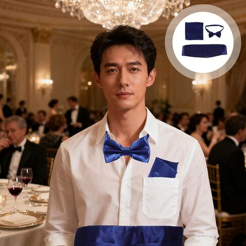 Men’s Formal Cummerbund, Navy Blue Polyester Bow Tie and Pocket Square Set for Tuxedo, Wedding, Prom, and Business Events in Kuwait